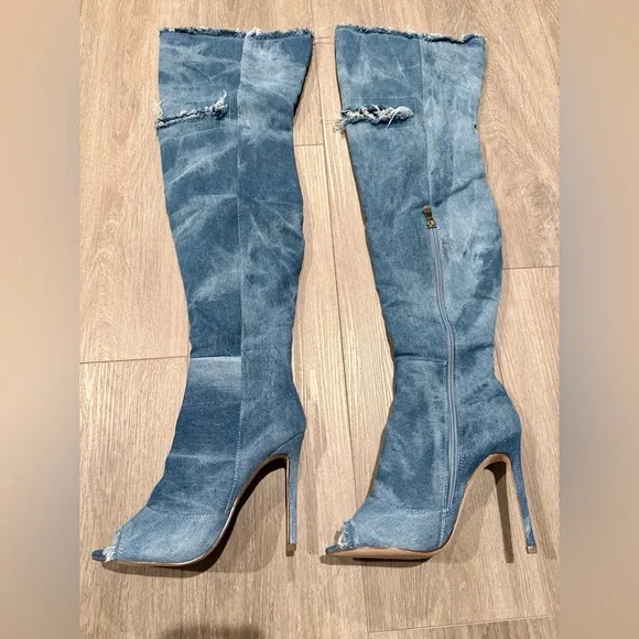 Women's Over-the-Knee Peep-Toe Denim Boots - Blue - Picture 3 of 9